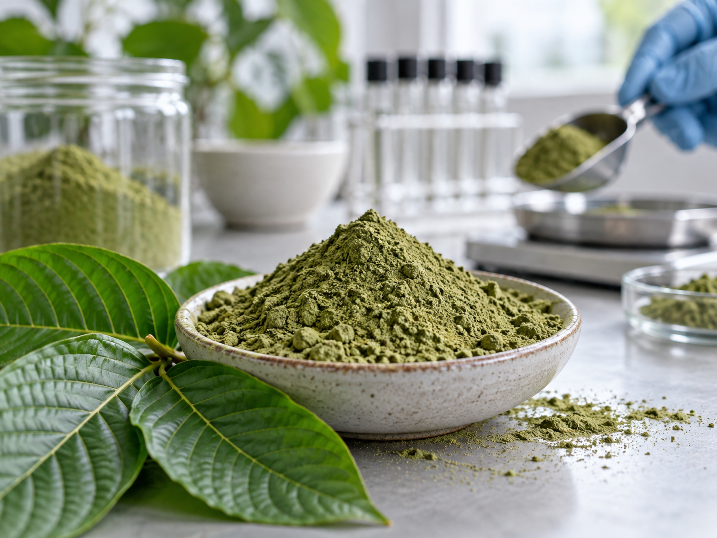 Naturally green kratom powder beside fresh leaves and laboratory equipment