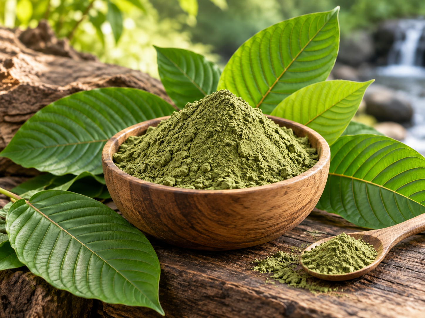 Green kratom powder and natural leaves