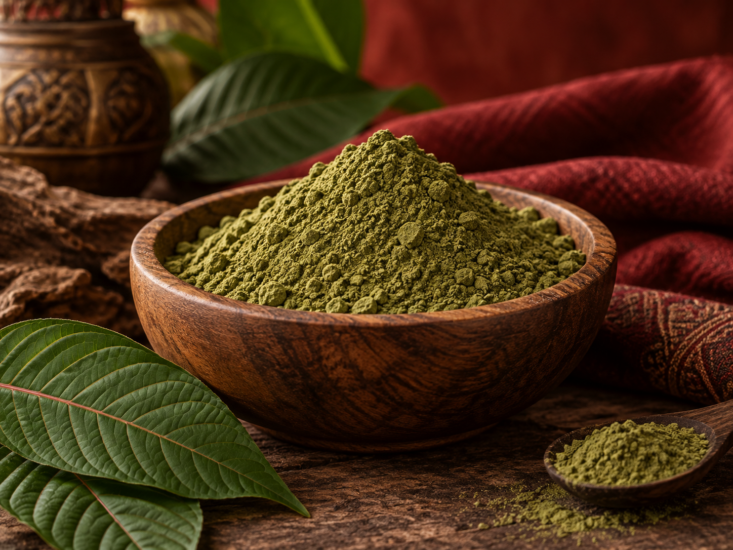 Red vein kratom category with green botanical powder