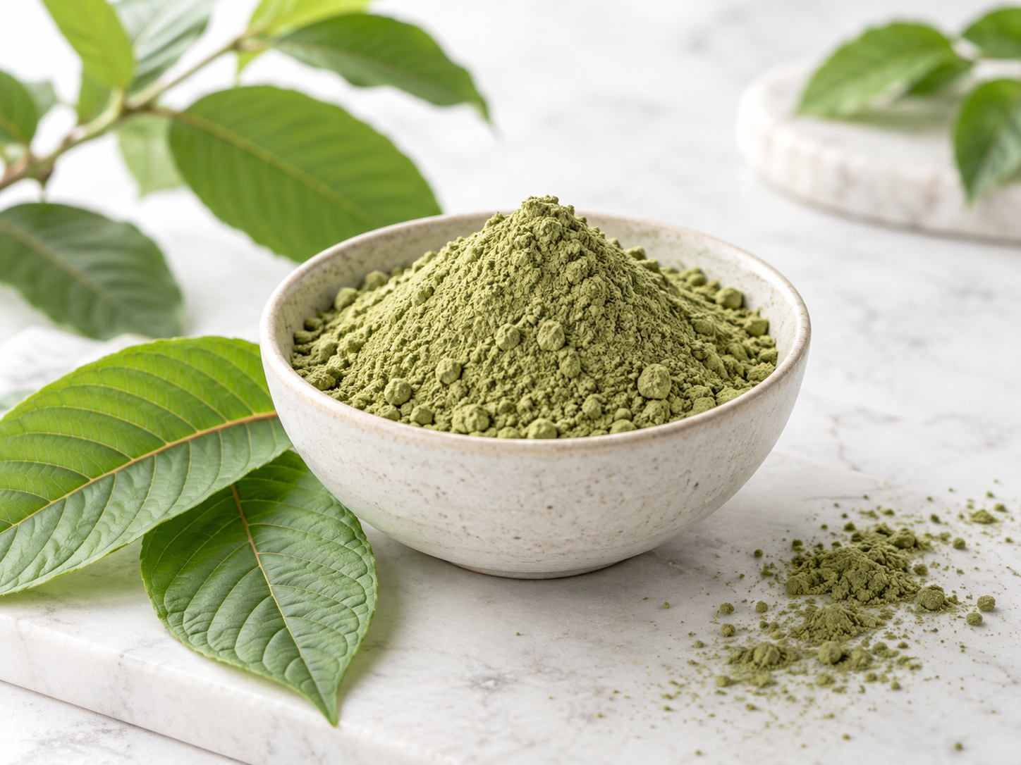 White vein kratom category with green botanical powder