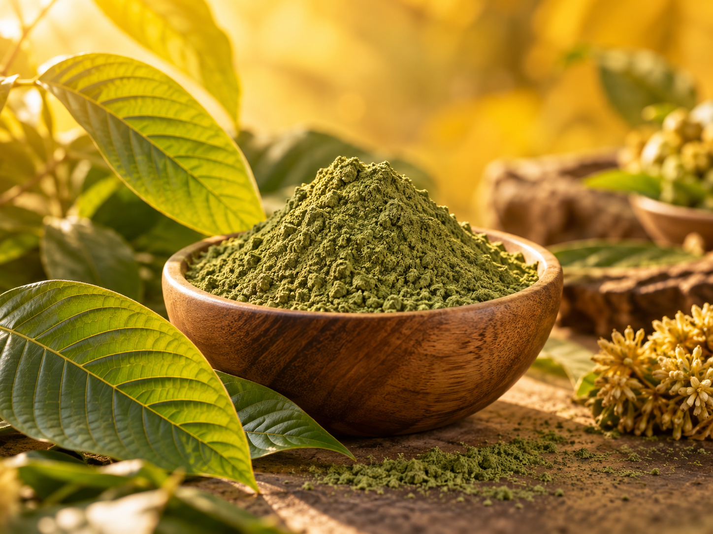 Yellow kratom category with green botanical powder
