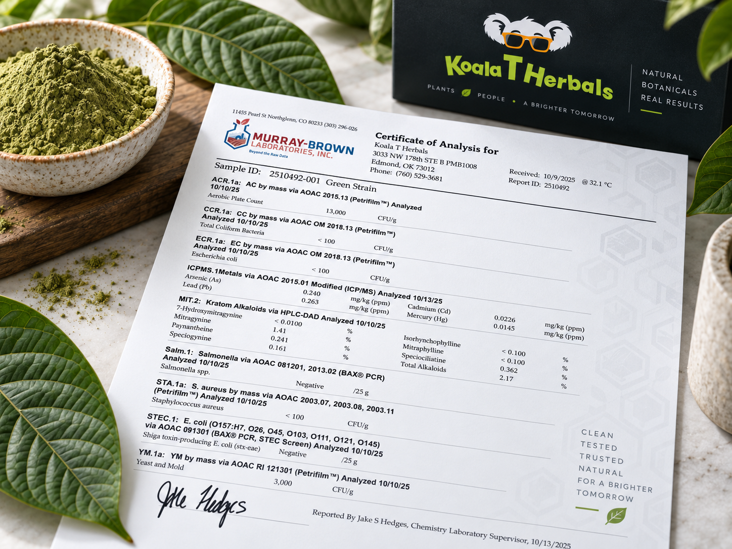 Koala T Herbals Certificate of Analysis and kratom powder